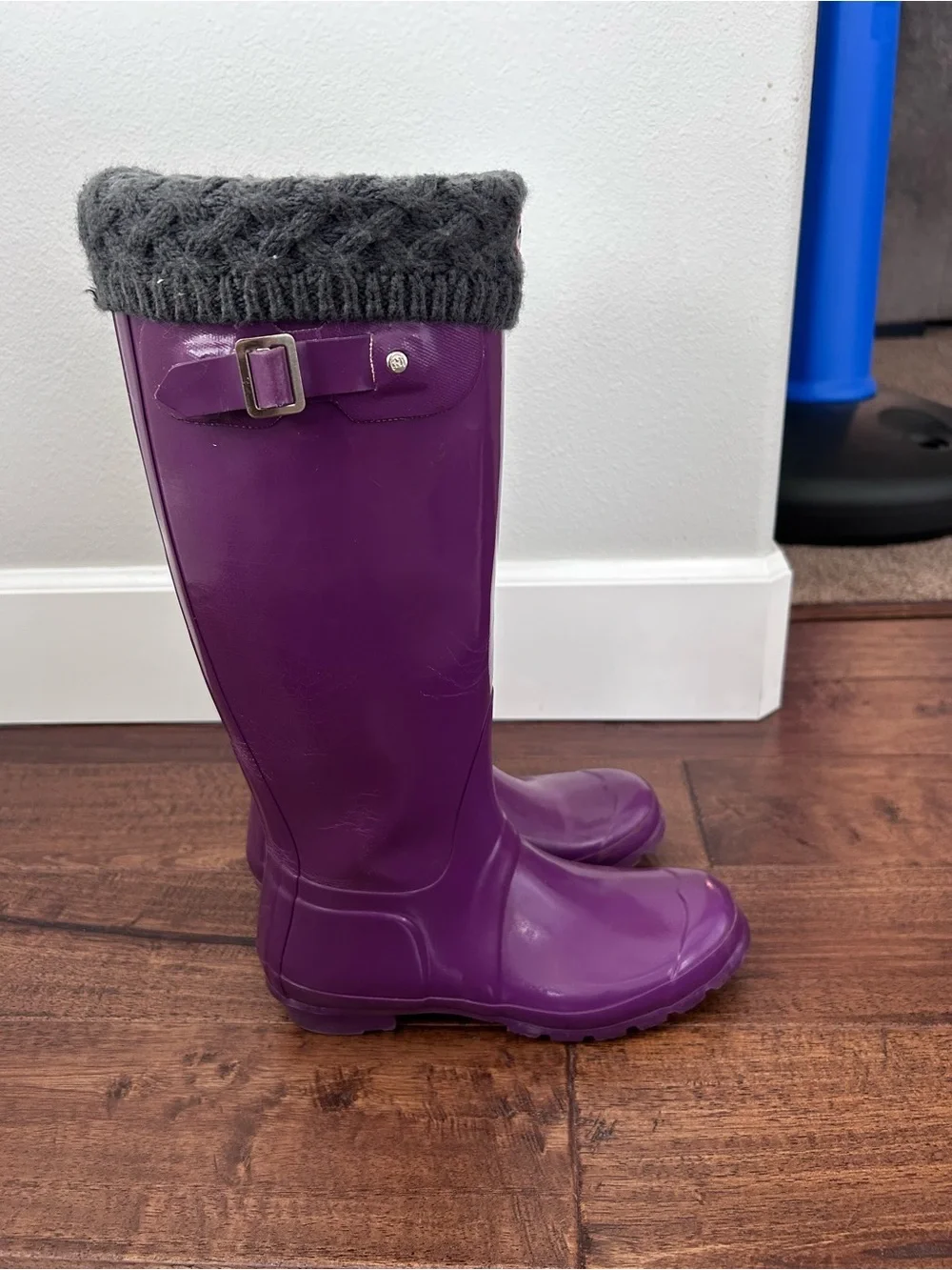 Hunter Purple Tall Gloss Rain Boots with Gray Knit Cuffs